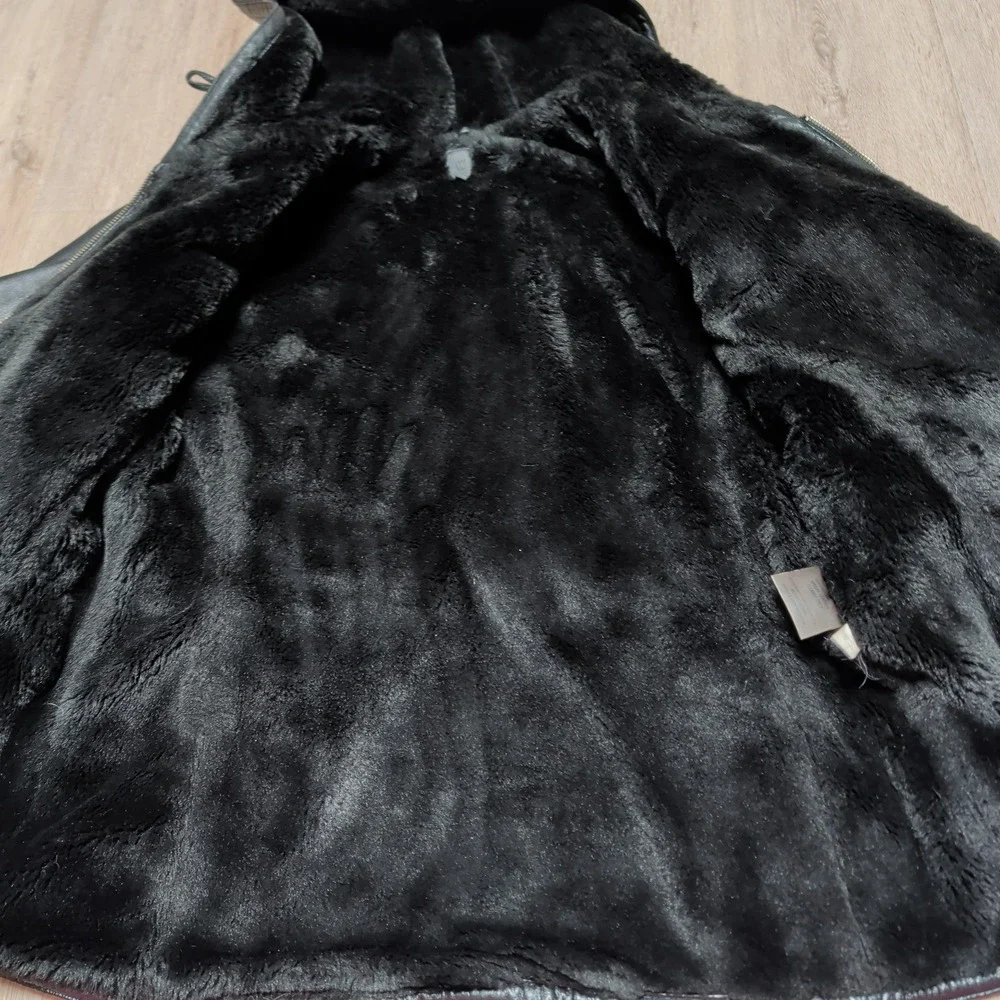 Vintage Wilsons Leather Black Hooded Jacket Faux Fur‎ Lined Belted Womens XL